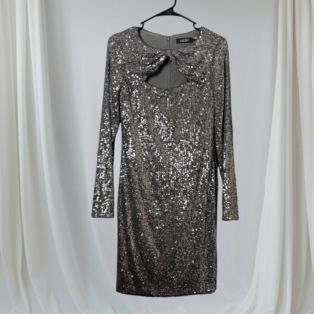 🥂Lauren Ralph Lauren New Sequined Twist Front Dress Silver and Grey Size 4 - Picture 4 of 16